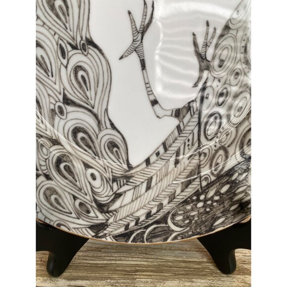 Anthropologie Peacock 10" Dinner Plate Japan Black White Gold Rim Discontinued - Picture 3 of 8